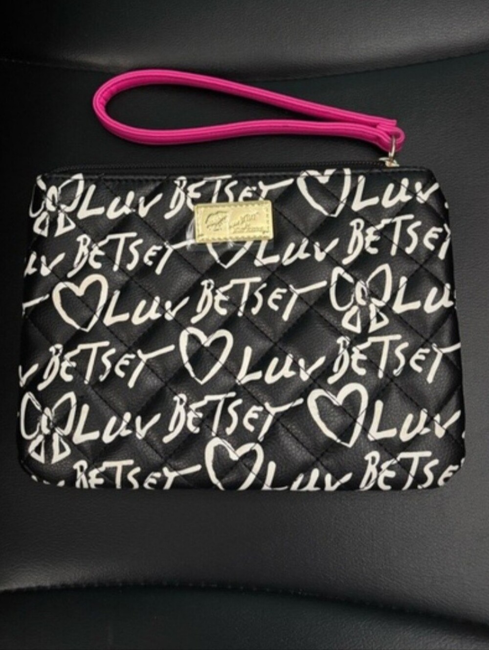 Luv Betsey, By Betsey Johnson, Black Quilted Wristlet with Hot Pink Strap, NWOT